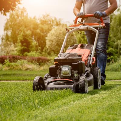 A gardener moving the lawn grass before making a landscape design.