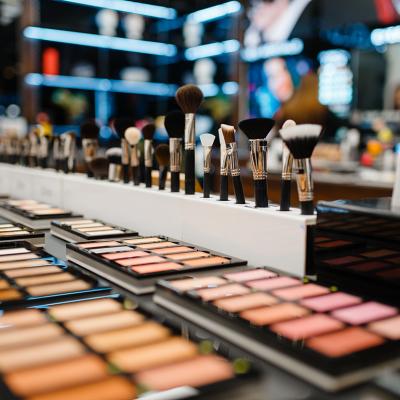 Close up shot of brushes and makeup palettes in a cosmetics store.