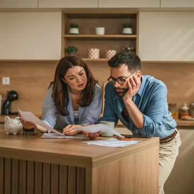 A couple reviewing bills and documents from their household finances at their home's kitchen.