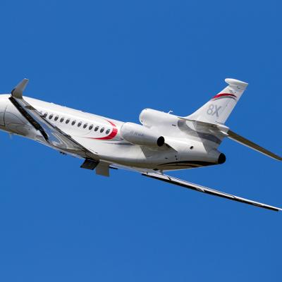 A New Dassault Falcon 8X business jet up in the air for the Paris Air Show in Le Bourget, France.