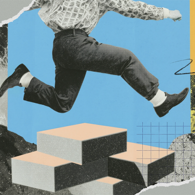 A creative collage illustrating taking leaps in an unstable economy.