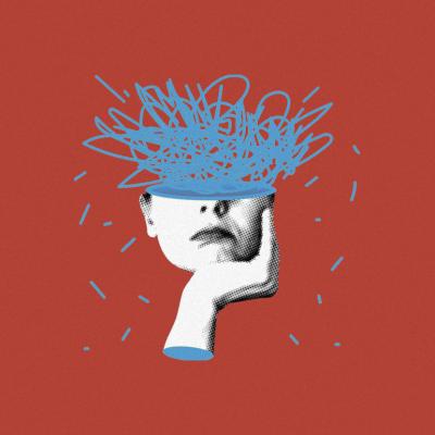 A illustration showing a modern collage of a person's head with confused thoughts.