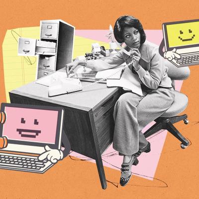A creative collage illustration featuring a retro-style woman in a 1970s office setting, with pink-screened computer graphics in the foreground.