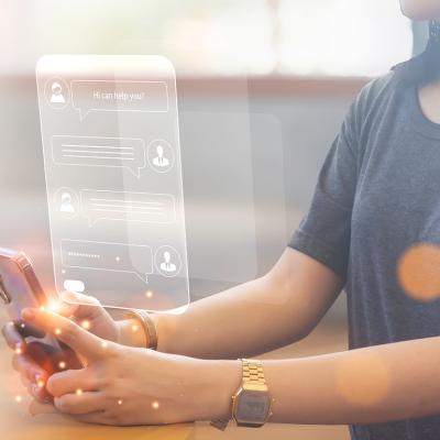 A young woman using a smartphone illustrated with AI chatbot conversations.