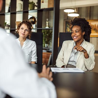 Business managers collaborating during a meeting with a prospective partner. 