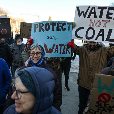 Local activists rally during the 'Protect Our Water' protest against coal mining in the Eastern Slopes, held outside the Alberta Legislature Building in Edmonton, Alberta, Canada, on January 25, 2025. 
