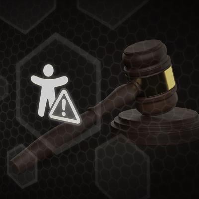 A 3D render illustrating a legal hammer resting next to an accessibility icon featuring a warning triangle sign as a concept of accessibility law.