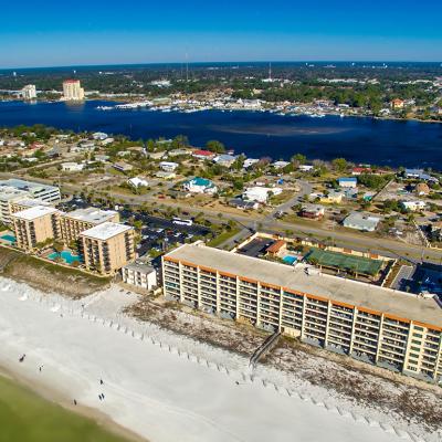 Aerial view of the cityscape and beach of Fort Walton in Florida.