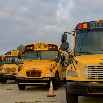 A row of school buses parked at a lot.