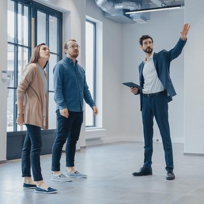A real estate agent showing an empty office space for rent to clients.