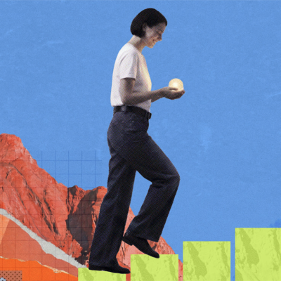A digital collage of a person ascending a bar chart and other art pieces symbolizing concepts of entrepreneurship and growth.
