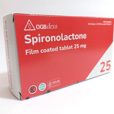 A box of Spironolactone 25 mg film-coated tablets in a white background.