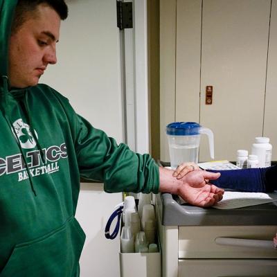 Stephen Barber being checked by a nurse before receiving a dose of suboxone at Serenity at Summit rehabilitation center in Haverhill, Massachusetts, USA.