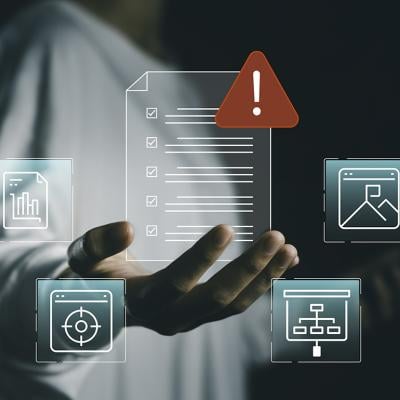 A business person holding a floating and virtual checklist interface with document icons.