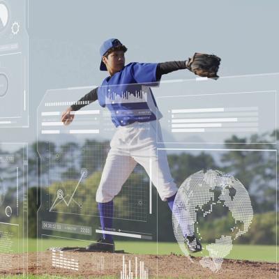 A baseball player throwing pitch illustrated with sport analytics software graphics.
