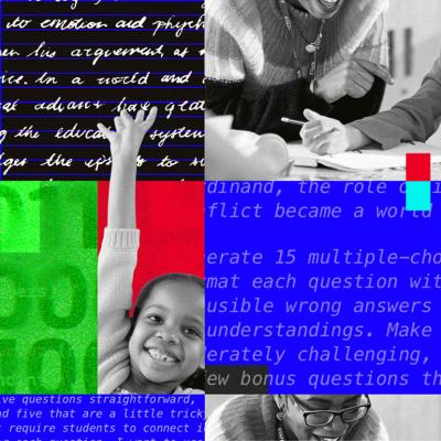 A custom collage illustration showing concepts of teaching young students and integrating AI in learning.