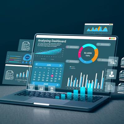 A finance dashboard displayed from a laptop's screen, which analyzes business data sales and growth.