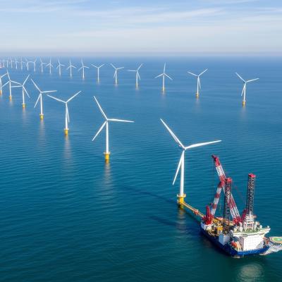 An offshore wind farm with turbines and installation crane vessel.