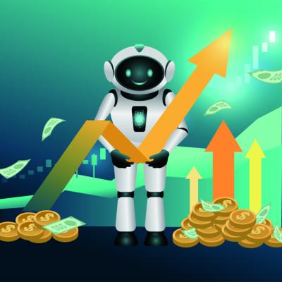 A vector illustration of an AI robo-advisor in the middle of an upward arrow and coin stacks, symbolizing financial growth.
