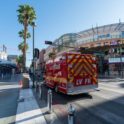 A fire and rescue ambulance parked in a downtown street in Las Vegas, Nevada, USA.