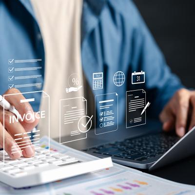 Accountant illustrated with invoice system graphics.
