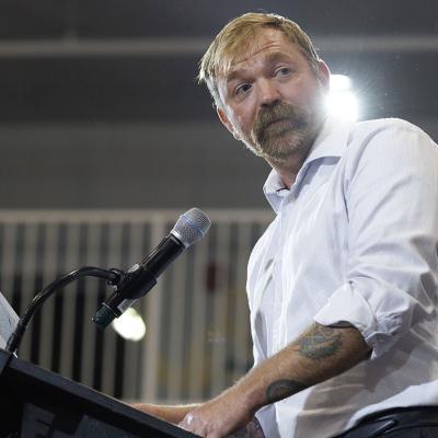 U.S. Senate candidate and Democratic Party's Graham Platner speaking at his Primary Election event in Blue Hill, Maine.