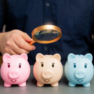 A person checking small piggy banks while using a magnifying glass, symbolizing analysis of savings.