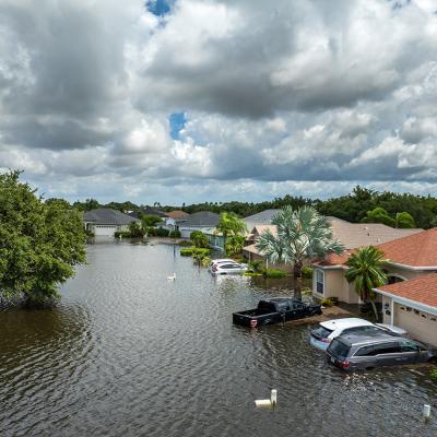 Homes, cars, and roads submerged in floods from a recent typhoon that affected the area. 