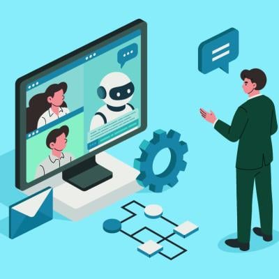 A vector illustration depicting a businessman engaging in a monitor displaying AI assistant and team members on a virtual call.
