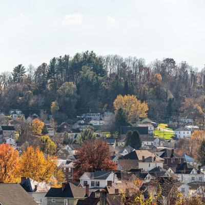 Aerial view of countryside homes in West Virginia.