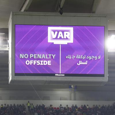 VAR decision, no penalty for offside displayed from the stadium's big screen during the FIFA World Cup Qatar 2022 Group F match between Croatia and Belgium. 