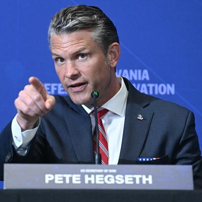 U.S. Defense Secretary Pete Hegseth speaking at the Pennsylvania Defense and Innovation Summit in Carlisle, Pennsylvania.
