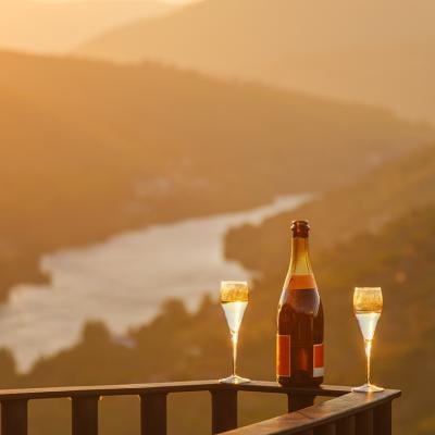 A bottle of wine and two glasses on a balcony rail with the view of the Douro Valley in Portugal.