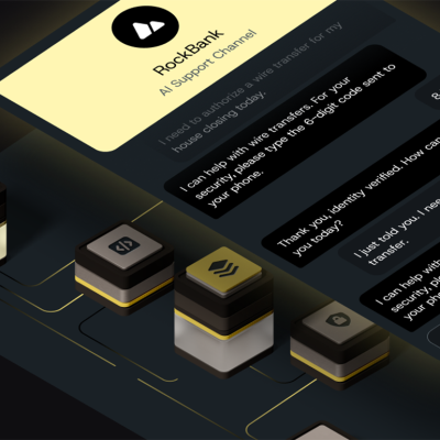 A 3D graphic of the RockBank AI Support Channel from a digital bank. 