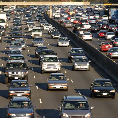View of a traffic jam in Los Angeles, California.