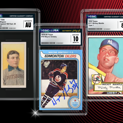 Encased graded vintage sports cards featuring athletes namely Honus Wagner (baseball), Wayne Gretzky (ice hockey) and Mickey Mantle (baseball).