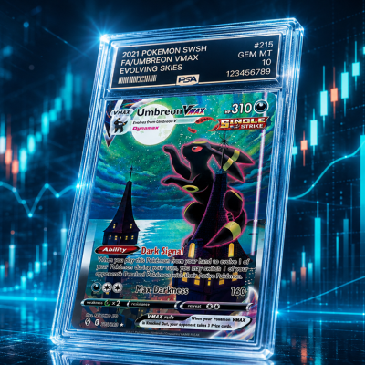 An encased, graded Umbreon VMAX card, a prized Pokémon trading card collectible, illustrated with stock market graphics.