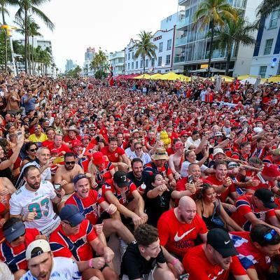 Fans of Norway take part in the "Viking Row," a cheer created by Norwegian soccer fans which gained popularity during the 2026 FIFA World Cup, on July 10, 2026, in Miami Beach, Florida. 