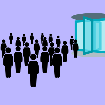 A graphic illustration of a group of silhouetted people emerging from a revolving door.