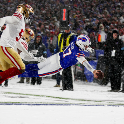 Josh Allen diving for a touchdown.