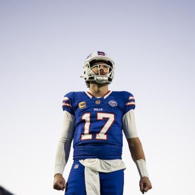 Josh Allen of the Buffalo Bills stretches prior to an NFL football game against the Baltimore Ravens at Highmark Stadium on Sept. 7, 2025 in Orchard Park, New York.