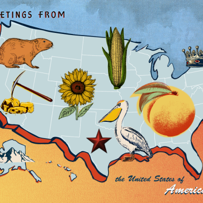 U.S. map with peach, star, corn, sunflower, beaver, crown, mountains, and gold nuggets.