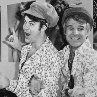 Comedians Dan Aykroyd and Steve Martin posing as the 'two wild and crazy guys,' a sketch from the television show 'Saturday Night Live' in 1978.