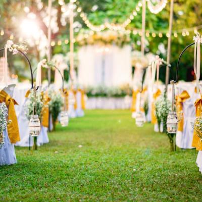 An outdoor wedding ceremony set-up.