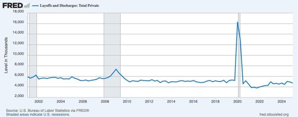 Data graph showing the Layoffs and discharges in the thousands since 2002-2024.