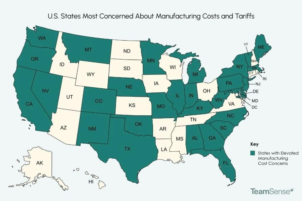 Graphic heatmap showing the U.S. states most concerned about manufacturing costs and tariffs.