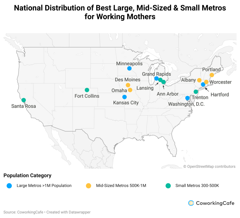 A U.S. map showing the top large, mid-size, and small metros best for working moms.