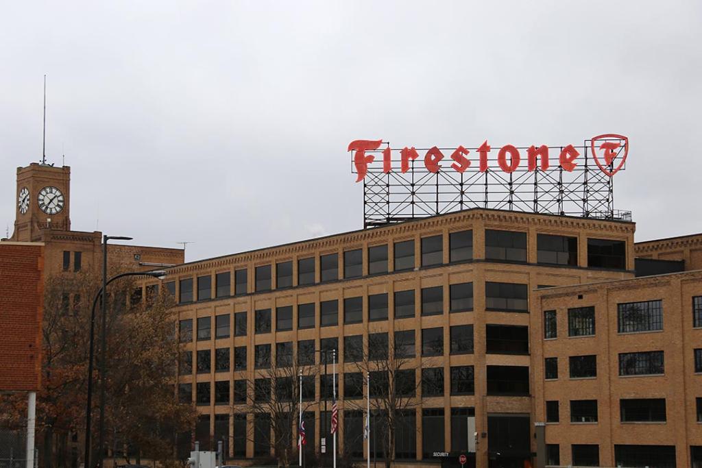 The large rooftop sign of the old Firestone Tire Company in Akron, Ohio