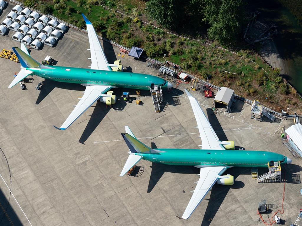 Two Boeing 737 NG parked outside the company factory at Renton Airport in Washington.