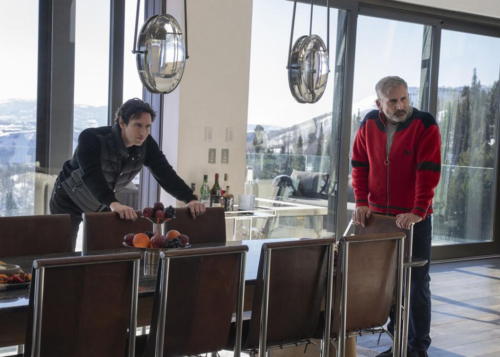 Tech moguls Venis (Cory Michael Smith, left) and Randall (Steve Carell) film a scene in the Park City mansion used for the show Mountainhead.